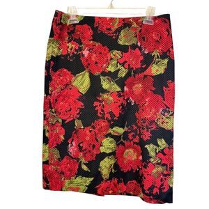 Talbots Red Green Black Floral Textured Pencil Skirt Women’s Size 8